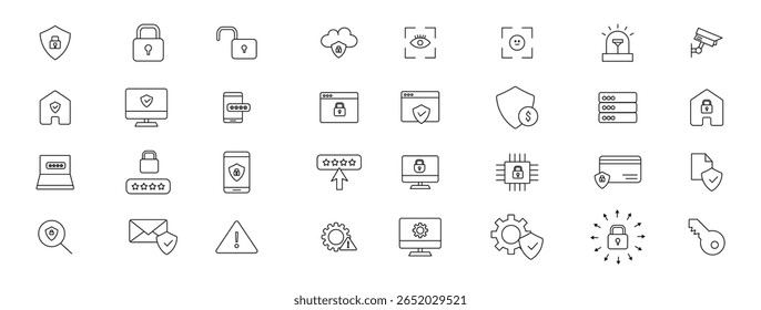 
Cyber security icon set. Set of 40 Security web icons in line style. Guard, cyber security, password, smart home, safety, data protection, key, shield, lock, unlock, eye access. Technology concept. 