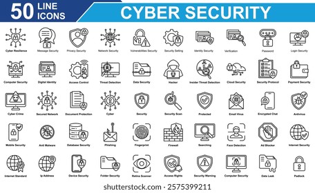 Cyber Security Icon Set Collection. Containing password, hacker, Cloud Security, cyber, Security, threat detection, Antivirus, Padlock, database security. Simple Line Vector Illustration.