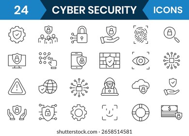 Cyber security icon set collection. Data protection, network security, security line icons vector, antivirus software, encryption, data, cloud security, eye scan, technology icons, vector.
