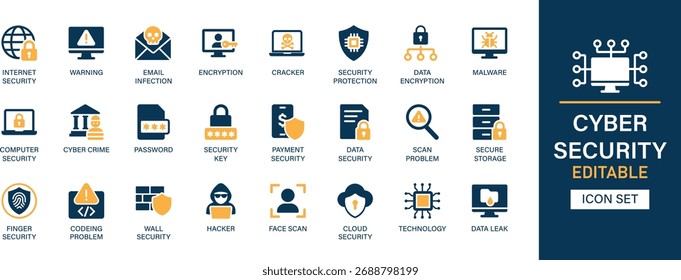 Cyber security icon set collection. Internet security, warning, email infection, encryption, security protection, data, malware and best solid icon set.