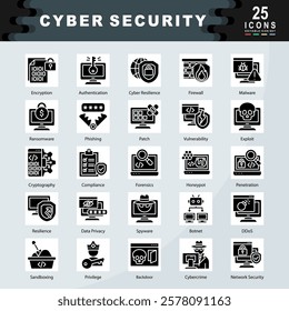 Cyber Security icon set containing Encryption, Authentication, Cyber Resilience, Firewall, Malware, Ransomware, Phishing, Patch, Cryptography, Compliance icon. Simple glyph vector