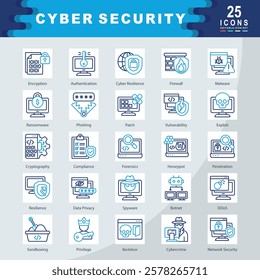 Cyber Security icon set containing Encryption, Authentication, Cyber Resilience, Firewall, Malware, Ransomware, Phishing, Patch, Cryptography, Compliance icon. Simple vector illustration