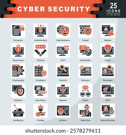 Cyber Security icon set containing Encryption, Authentication, Cyber Resilience, Firewall, Malware, Ransomware, Phishing, Patch, Cryptography, Compliance icon. Simple vector illustration