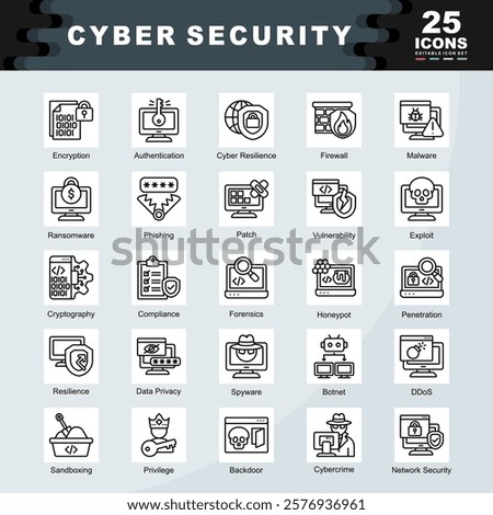 Cyber Security icon set containing Encryption, Authentication, Cyber Resilience, Firewall, Malware, Ransomware, Phishing, Patch, Cryptography, Compliance icon. Simple line vector