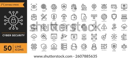 Cyber security icon set. Containing Data Protection, Hacker, Password, Firewall, Spam, Antivirus, Virus Threat, Padlock, Secure, Phishing. Vector illustration. Editable stroke.