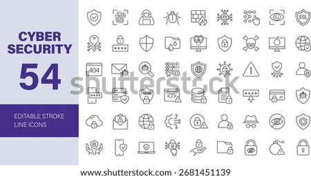 Cyber security icon set. Containing data protection, antivirus, password, privacy, padlock, network, hacker, password, warning and more. Editable stroke. Vector illustration.