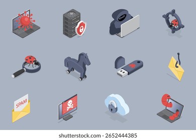 Cyber security icon set. Data protection and internet security sign dig set. Hacker attack, spam, virus, bugs, Trojan horse. 3d flat isometric vector illustration.