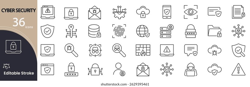 Conjunto de iconos de ciberseguridad. Iconos de línea relacionados con la protección digital y la seguridad de los datos: firewall, bloqueo, hacker, Contraseña, cifrado, malware, antivirus y red. Trazo editable. Ilustración vectorial.