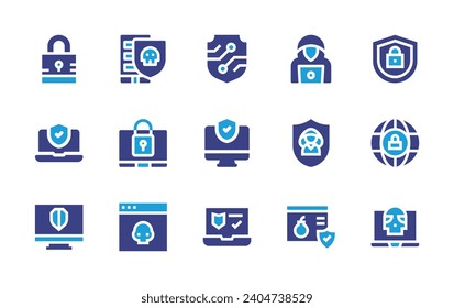 Symbol für Cybersicherheit eingestellt. Duotonfarbe. Vektorgrafik. Enthält Schloss, Schild, Cyber-Sicherheit, ungeschützt, Hacker, Datenschutz, Internetsicherheit, Sicherheit, Cyber-Angriff.