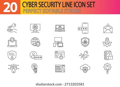 Conjunto de iconos de seguridad cibernética. Iconos de trazo editables. Símbolo de protección de datos. Colección de icono de red segura. Concepto de Tecnología. Ilustración vectorial