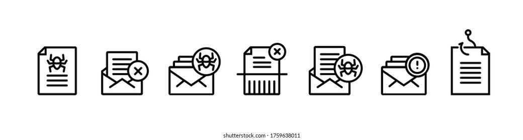 Cyber Security Icon Set. Emails Phishing And Cyber Phish Attack Vector Editable Stroke Pictogram For Web Design, Outline Simple Symbols Isolated On White Background. 