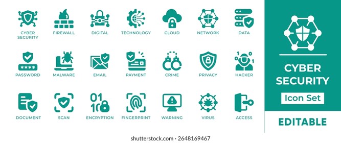 Cyber Security Icon Set. Features symbols for data protection, threat defense, encryption, and network security. Perfect for IT teams, cybersecurity, and businesses.