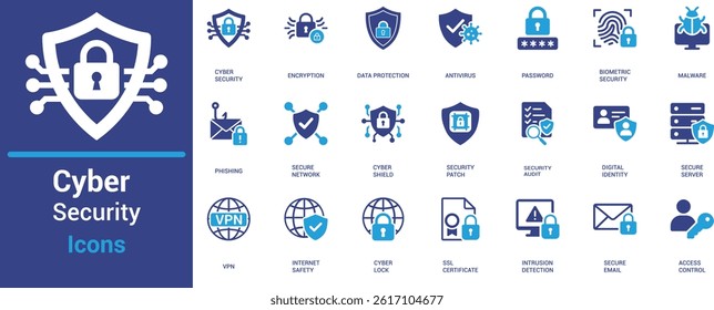 Cyber security icon set featuring data protection, encryption, firewall, secure server, VPN, malware, phishing, and digital identity in flat solid style.


