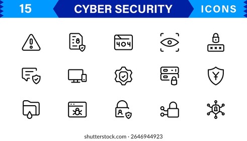 Cyber Security Icon Set Featuring Protection, Shield, Data, Encryption, and Firewall Concepts in a Professional, Clean, and SEO-Optimized Vector Style