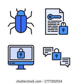 Cyber Security icon set (Filled Line) = virus malware, encryption file, computer locked, encryption chat.
Perfect for website mobile app, presentation, illustration and any other projects.