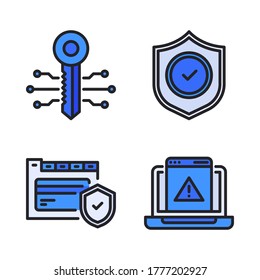 Cyber Security Icon Set (Filled Line) = Verschlüsselungsschlüssel, Schild Scheck, Web-Kreditkarte Checkliste, Warnung Laptop.
Perfekt für mobile App, Präsentationen, Illustrationen und andere Projekte.