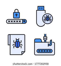 Cyber Security icon set (Filled Line) = password, usb virus, file malware, phishing folder password.
Perfect for website mobile app, presentation, illustration and any other projects.