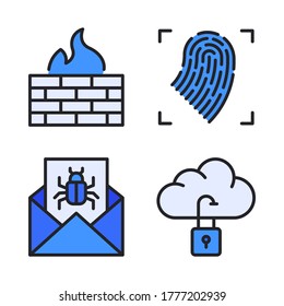 Cyber Security icon set (Filled Line) = firewall, fingerprint, email malware, cloud locked.
Perfect for website mobile app, presentation, illustration and any other projects.