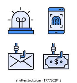 Cyber Security Icon Set (Filled Line) = Sirene Alarm, Fingerabdruck Telefon, Phishing-E-Mail, Phishing-Geld.
Perfekt für mobile App, Präsentationen, Illustrationen und andere Projekte.