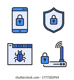 Cyber Security icon set (Filled Line) = smartphone locked, shield locked, web virus, router locked.
Perfect for website mobile app, presentation, illustration and any other projects.