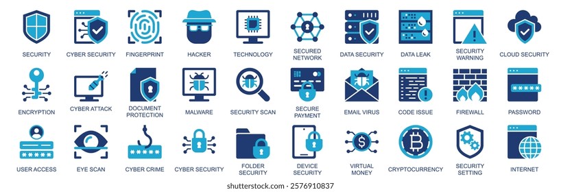 Cyber security icon set in flat duotone solid icons web design. Pack pictograms with fingerprint, hacker, technology, network, scan, encryption, attack, document, virus, other. Vector illustration.