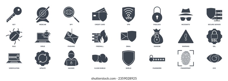 conjunto de iconos de ciberseguridad, iconos incluidos como Escudo, contraseña, error y colección de más símbolos, imagen vectorial aislada del logotipo