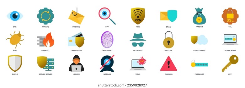 conjunto de iconos de ciberseguridad, iconos incluidos como Escudo, contraseña, error y colección de más símbolos, imagen vectorial aislada del logotipo