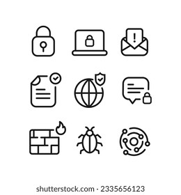 Cyber security icon set. Including firewall, bug, fingerprint, encrypted chat, ssl secure, email spam, malware protection, phising, etc.