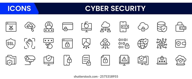 Cyber security icon set with information, technology, data network, malware, virus, unauthorized access and protected.