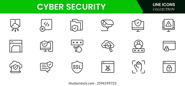 Cyber security icon set with information, technology, data network, malware, virus, unauthorized access and protected.
