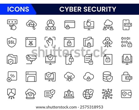 Cyber security icon set with information, technology, data network, malware, virus, unauthorized access and protected.