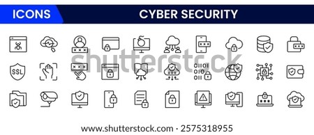 Cyber security icon set with information, technology, data network, malware, virus, unauthorized access and protected.