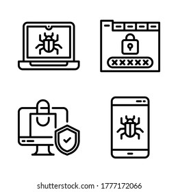 Cyber Security icon set = laptop virus, password web, shopping online checklist, smartphone virus.
Perfect for website mobile app, presentation, illustration and any other projects.