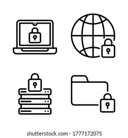 Icono de ciberseguridad establecido = laptop bloqueada, navegador bloqueado, servidor bloqueado, carpeta bloqueada.
Perfecto para aplicaciones móviles web, presentación, ilustración y cualquier otro proyecto.