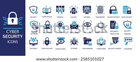 Cyber Security Icon Set. like digital security, cyber attacks, encryption, malware, hacking, and data protection. secure transactions, antivirus, it perfect for web, apps, and marketing materials. 


