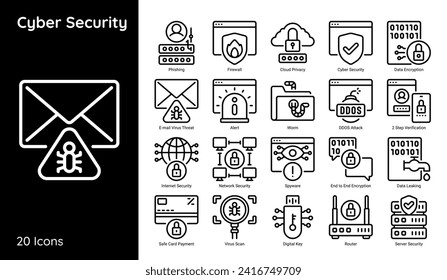 Estilo de línea de conjunto de iconos de ciberseguridad