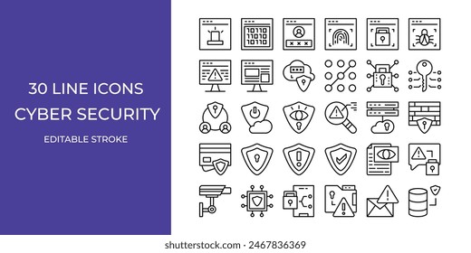Cyber security icon set line vector design editable stroke. bugs, hacker, server, and more