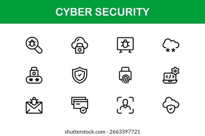 Icono de seguridad cibernética en estilo de Vector mínimo con bloqueo, cortafuegos, cifrado, virus y símbolos de privacidad
