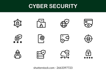 Symbol für Cybersicherheit im minimalen Vektorstil mit Sperren-, Firewall-, Verschlüsselungs-, Viren- und Datenschutzsymbolen