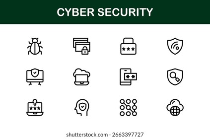 Ícone de segurança cibernética definido em estilo de vetor mínimo com bloqueio, firewall, criptografia, vírus e símbolos de privacidade
