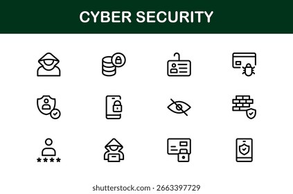 Icono de seguridad cibernética en estilo de Vector mínimo con bloqueo, cortafuegos, cifrado, virus y símbolos de privacidad