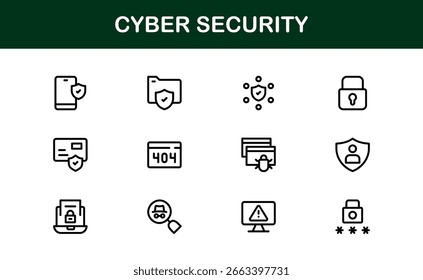 Icono de seguridad cibernética en estilo de Vector mínimo con bloqueo, cortafuegos, cifrado, virus y símbolos de privacidad