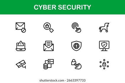 Cyber Security Icon Set in Minimal Vector Style Featuring Lock, Firewall, Encryption, Virus, and Privacy Symbols