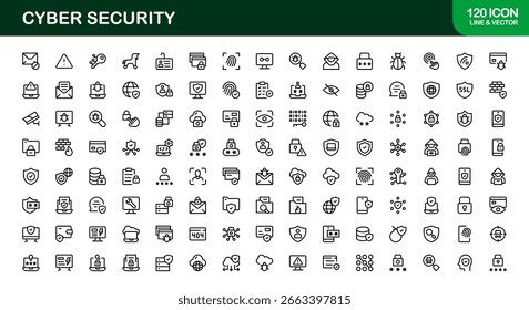Icono de seguridad cibernética en estilo de Vector mínimo con bloqueo, cortafuegos, cifrado, virus y símbolos de privacidad