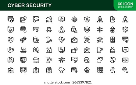 Icono de seguridad cibernética en estilo de Vector mínimo con bloqueo, cortafuegos, cifrado, virus y símbolos de privacidad