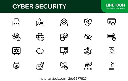 Icono de seguridad cibernética en estilo de Vector mínimo con bloqueo, cortafuegos, cifrado, virus y símbolos de privacidad