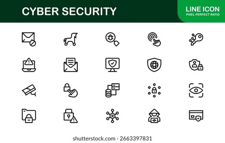 Ícone de segurança cibernética definido em estilo de vetor mínimo com bloqueio, firewall, criptografia, vírus e símbolos de privacidade
