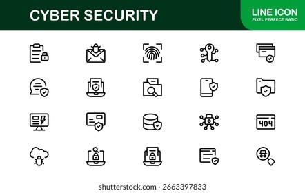 Icono de seguridad cibernética en estilo de Vector mínimo con bloqueo, cortafuegos, cifrado, virus y símbolos de privacidad