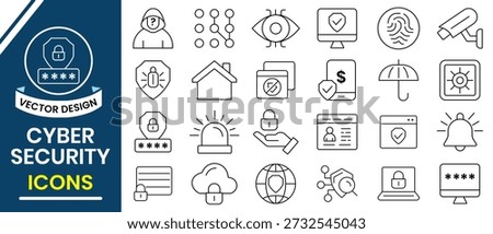 Cyber Security icon set. Outline icon of security, safety, insurance, sensor, protection, locked,  privacy, lock, encryption, fingerprint, spy, password, cybersecurity, and more. Vector illustration.