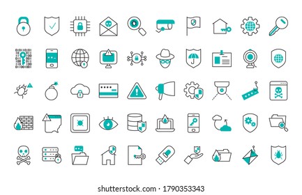 cyber security icon set over white background, half line half color style, vector illustration